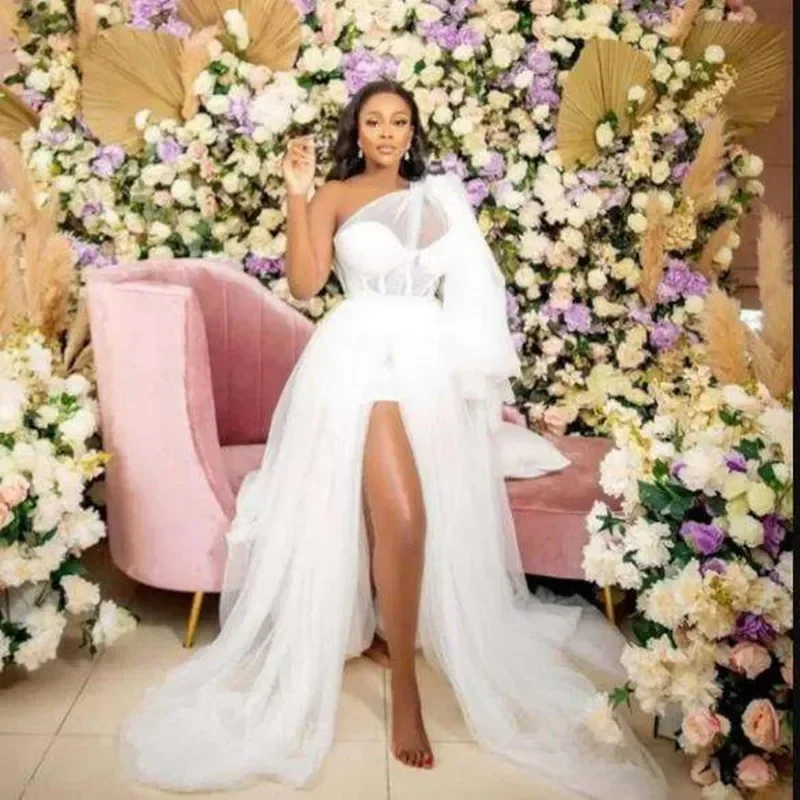 Customized Pretty One Shoulder See Through Tulle A-Line Wedding Dresses Vestido De Noiva Sweep Train High Split Side Bridal Gown