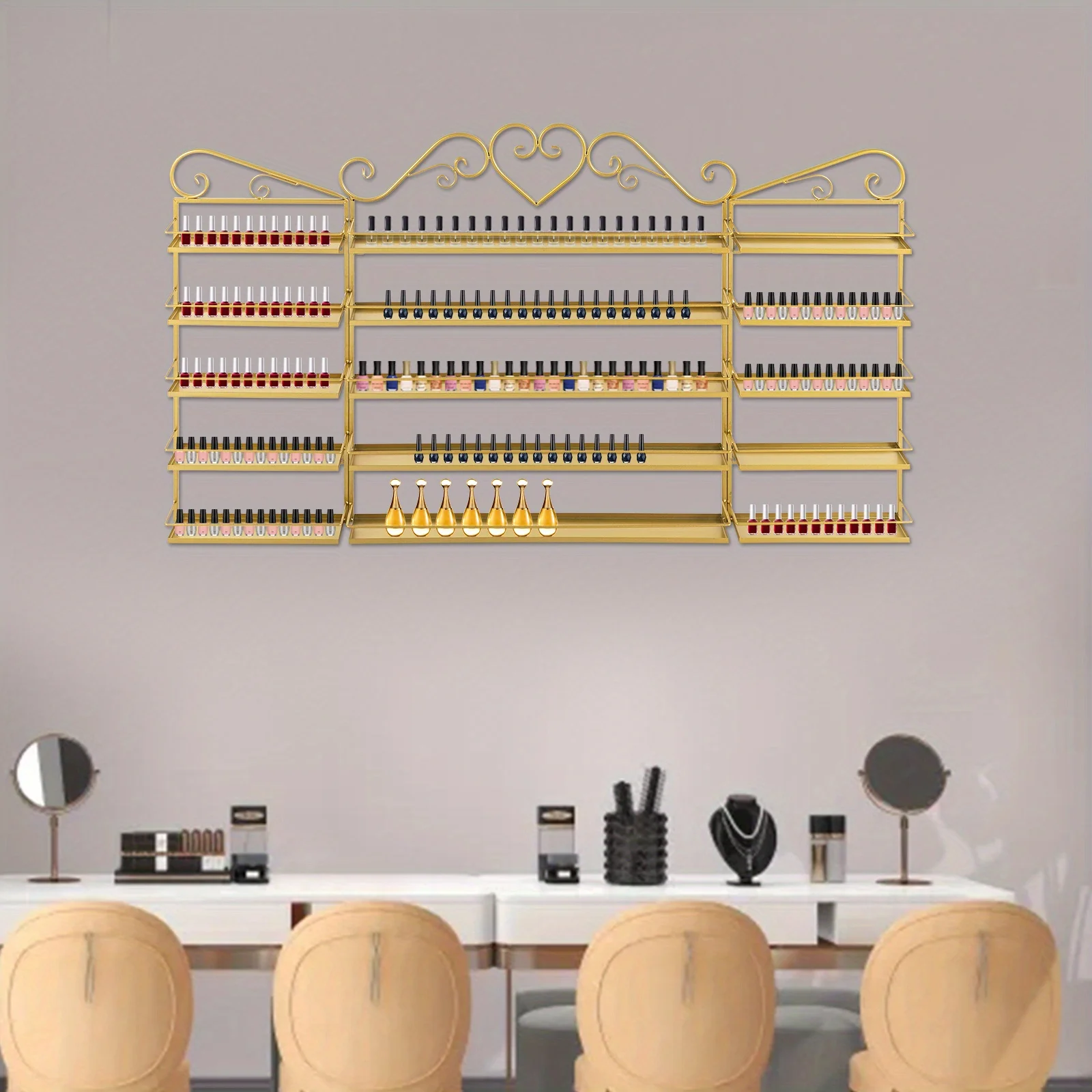 5 Layer Wrought Iron Wall Nail Art Display Rack Three Piece Set - Golden, , High-quality, Used for A Long Time