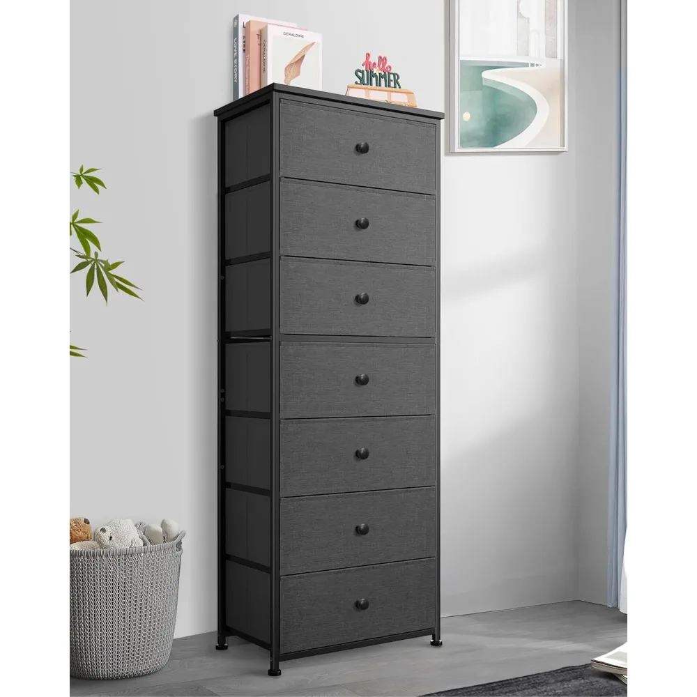خزانة قماش طويلة لغرفة النوم، برج منظم تخزين عمودي مع 7 أدراج، خزانة ذات أدراج مع صناديق، إطار فولاذي، خشب