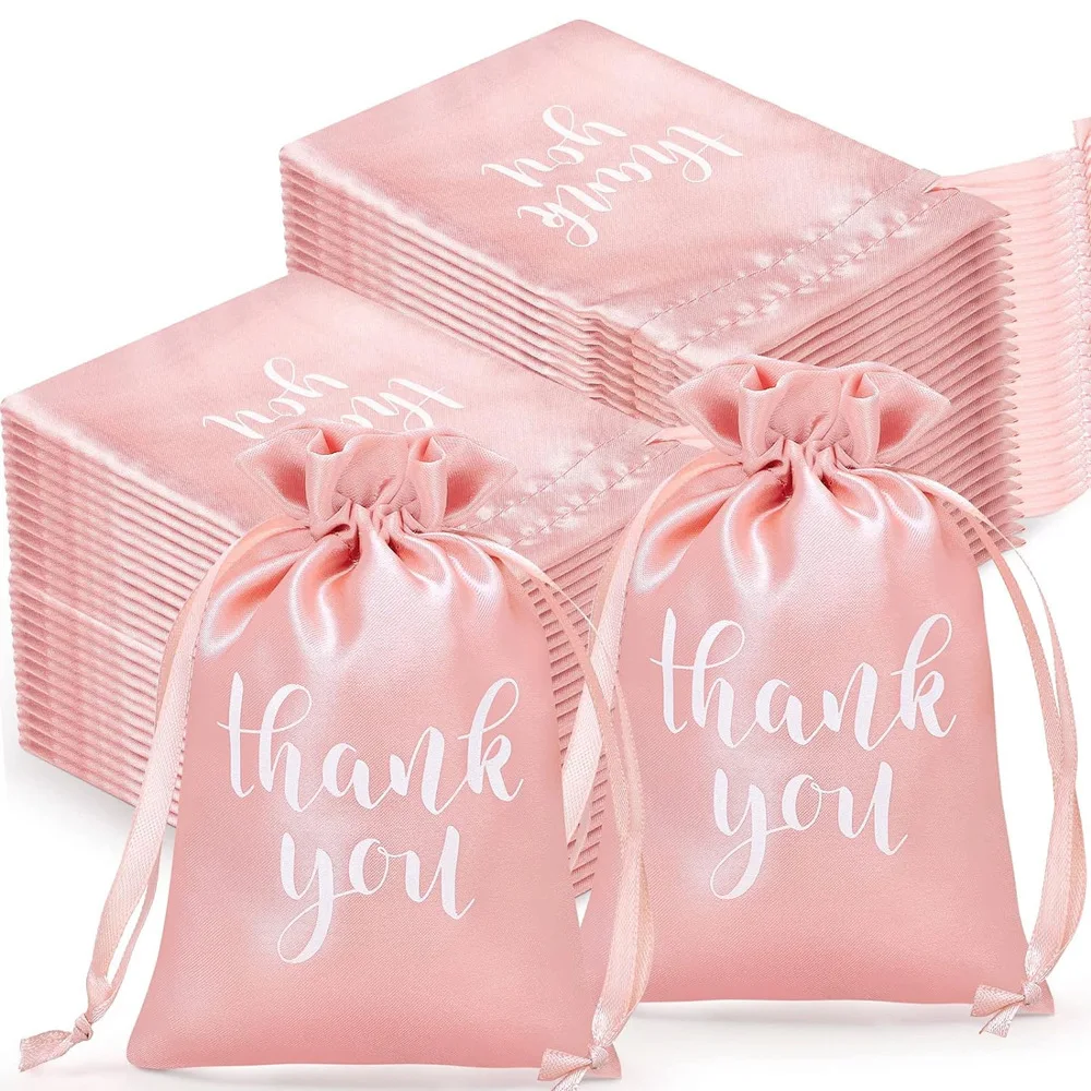 50 Pcs Thank You Satin Jewelry Candy Gift Bags with Drawstring for Wedding Bridal Shower Gift Wrap Bags Birthday Partyy Favor