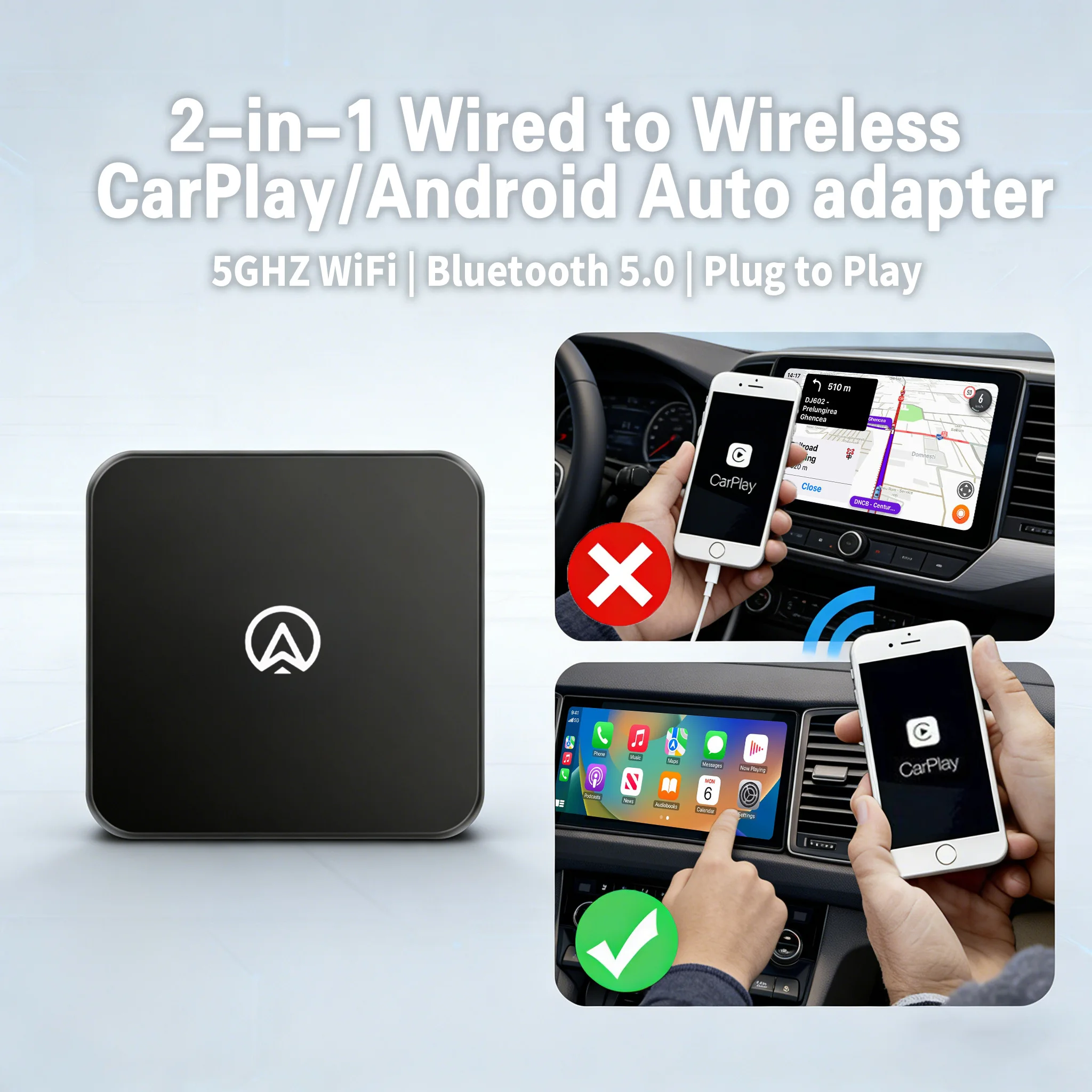 2in1 Wireless CarPlay&Android Auto Adapter,No Disassemble Radio,One-Time Pairing,Auto-Reconnect,Stable Signal for Safe Driving