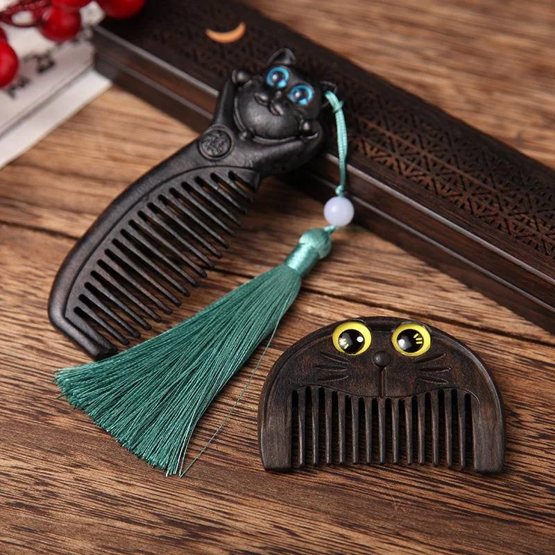 Portable Black Sandalwood Comb Handmade Cat Shape Carving Anti-Static Fine Tooth Handle Natural Ebony Wooden Comb