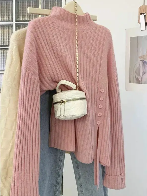 

Женский вязаный свитер большого размера, розовый, асимметричный, с высоким воротом, осенне-зимний, базовый слой, топ с разрезом, в американском повседневном стиле