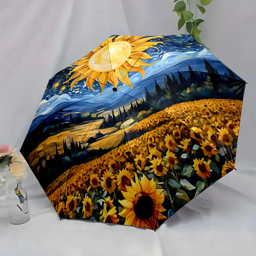 1PC Sunflower Field Artistic Umbrella Design Print 8 Iron Ribs Folding Umbrella Auto-Open Fashion Sunshade