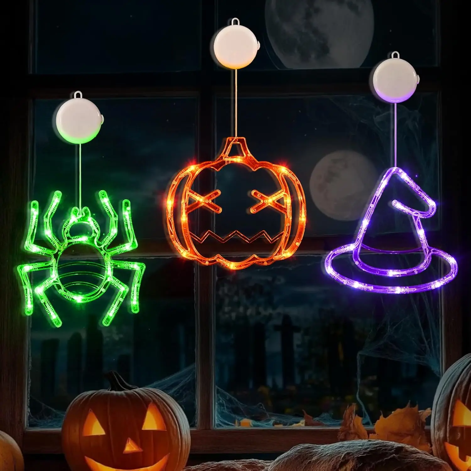 ハロウィン 3 ライト セット: カボチャ、クモ、魔女の帽子。 電池式、吸盤マウント、タイマー。 完璧な窓の装飾。