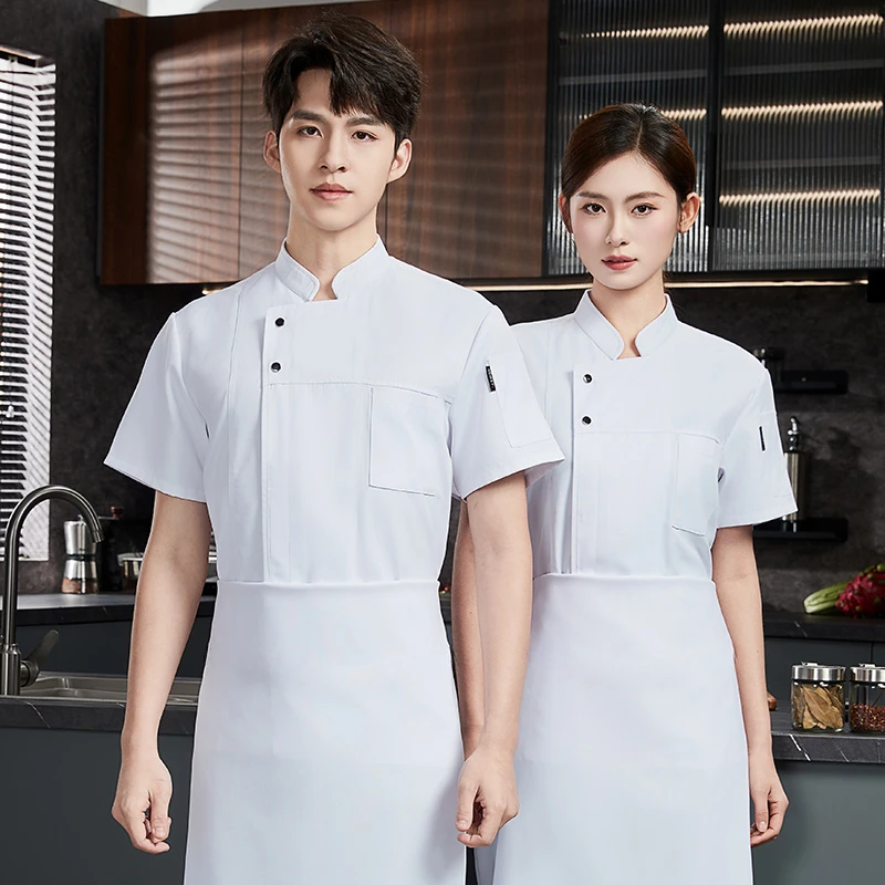 Manteau de Chef d'été à manches courtes, short de Chef respirant pour hommes, uniforme noir, veste de Chef de Restaurant, vêtements de travail, logo, tablier de cuisine