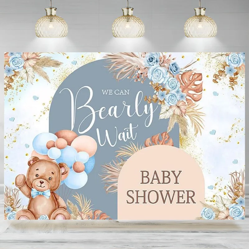 Bear Baby Shower Backdrop Boy Bohemia Grass Balloons Blue Florals Photography Background Newborn Party Decoration Photo Banner