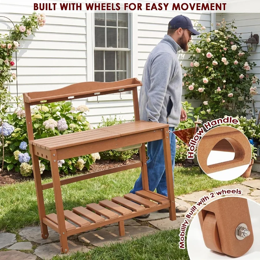HDPE Outdoor Potting Bench with Sliding Tabletop and Removable Sink