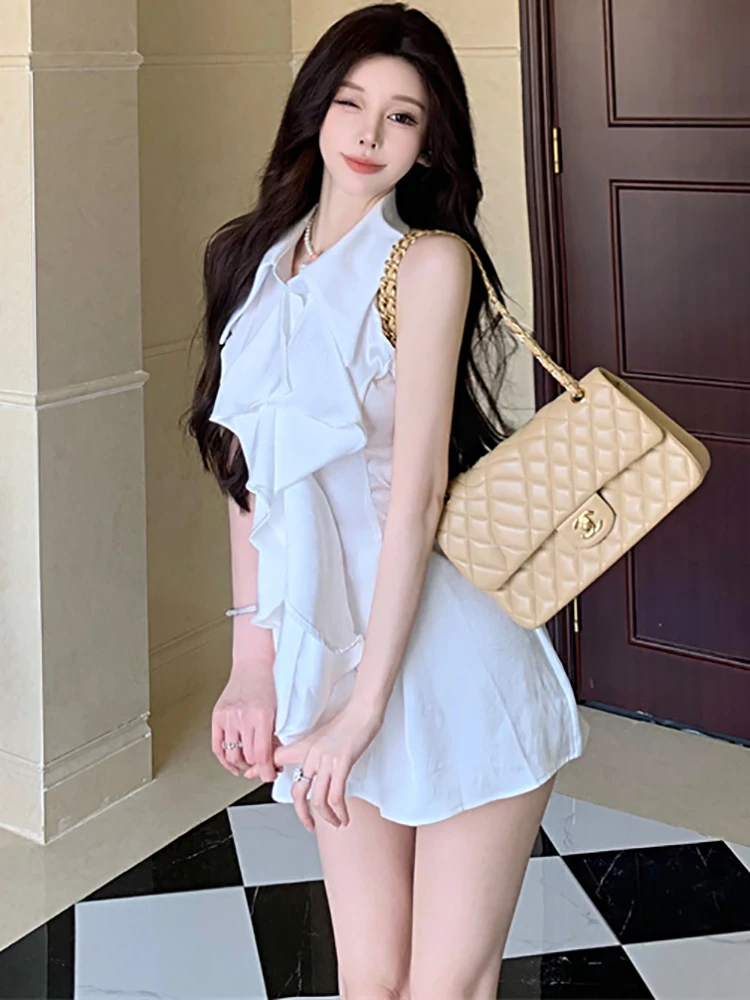 Summer White Ruffled Bodycon Short Dress Women Fashion Chic Sleeveless Polo Collar Shirt Dress 2025 Korean Elegant Casual Dress