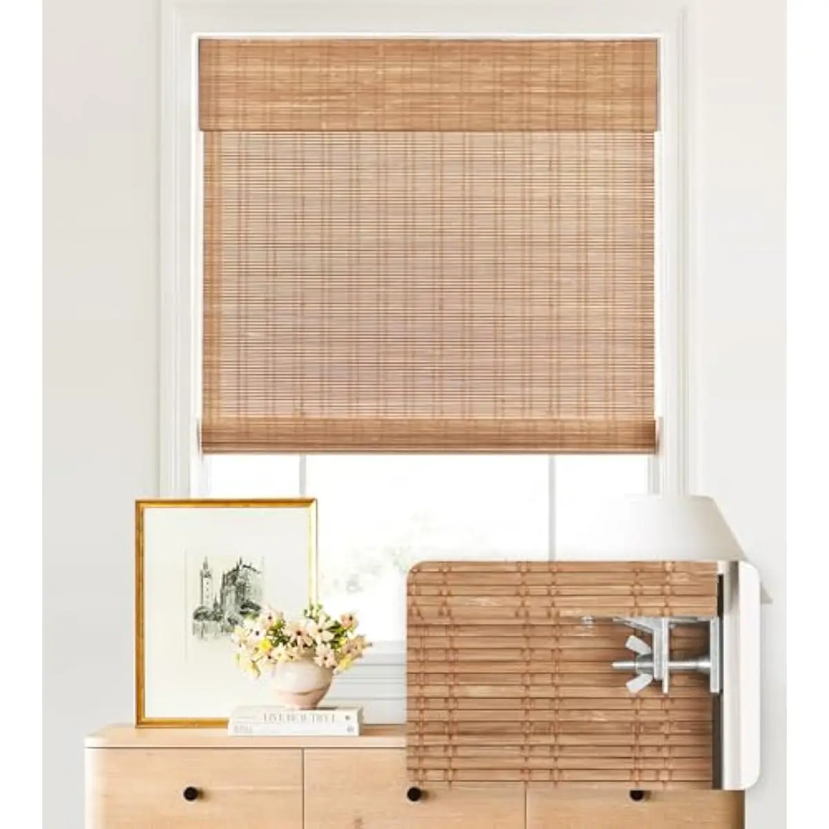 No Drill Bamboo Roman Shade, 40 Inch Width x 48 Inch Height, Light Filtering Natural Weave, Inside Mount Ready, Cordless Operati