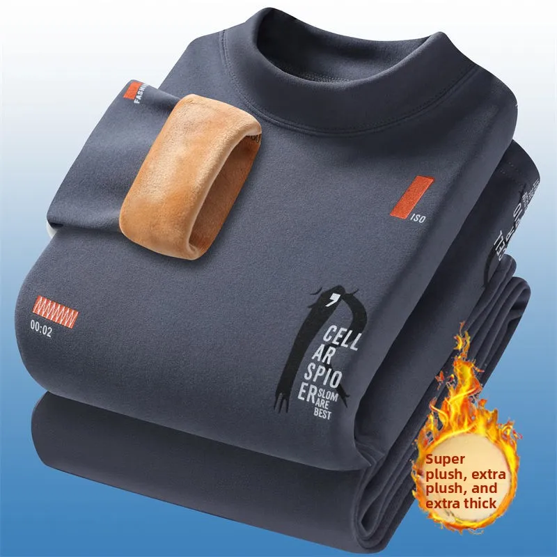 남성용 보온 내의 플리스 두꺼운 세트 겨울 중간 높이 목 독일산 플리스 청소년용 롱존스 바텀 코튼 스웨터