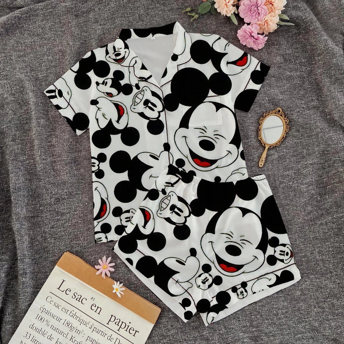 

Disney Cute Pajamas Cartoon Print Pink Shirt Disney Spring and Autumn New Women's Long Sleeve Home Pajamas Set