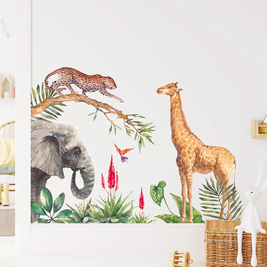 Cartoon Giraffe Leopard Elephant Animal Watercolor Kids Wall Sticker Vinyl Nursery Art Decals for Babys Boys Room Home Decor