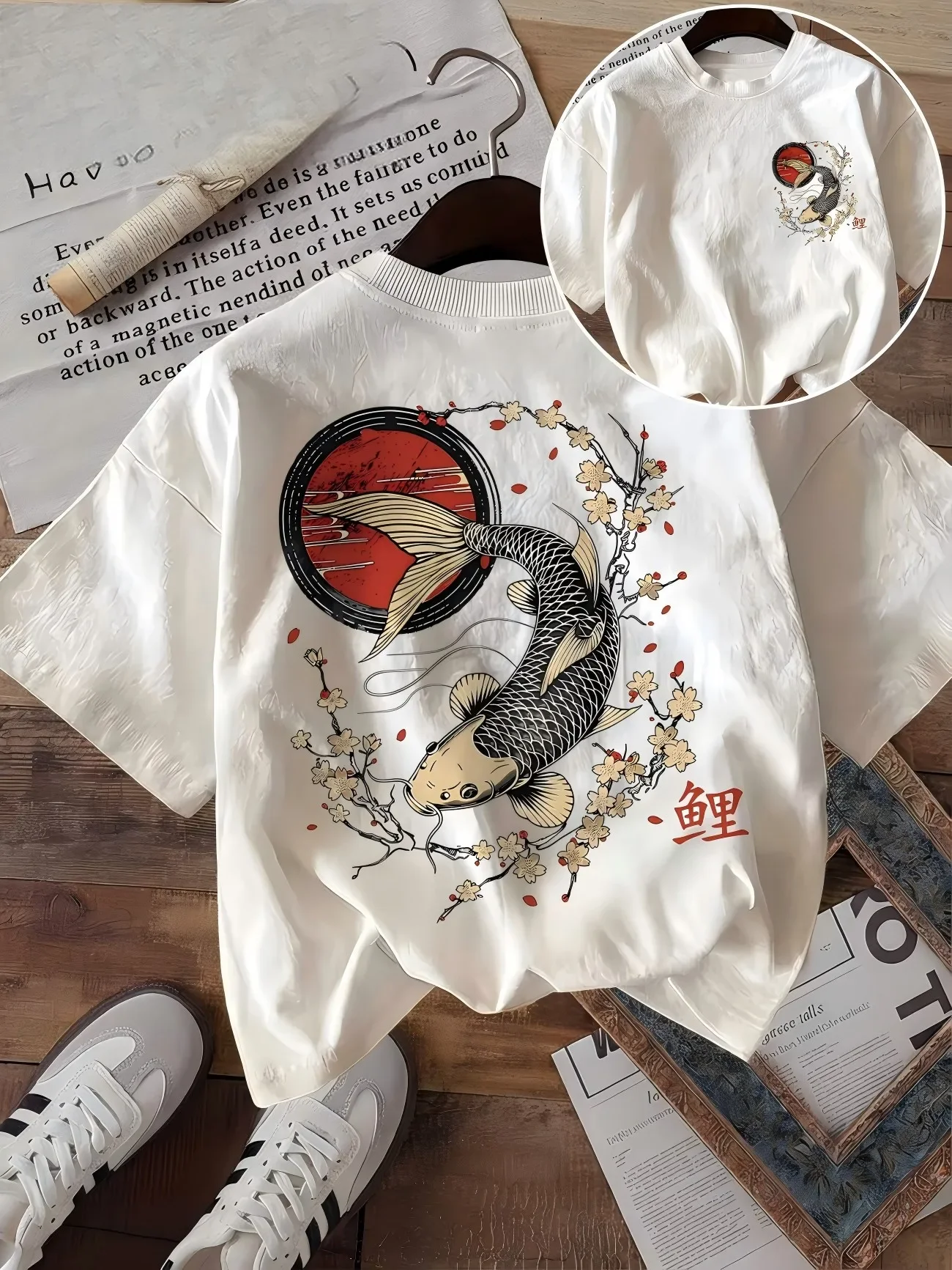 Japanese Koi Fish Graphic T Shirt Vintage Sakura Flower Art Tops Women Trendy Aesthetic Loose Short Sleeve Summer Tee