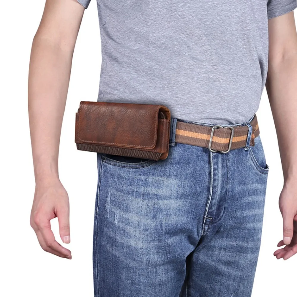 

PU leather buckle waist hanging horizontal mobile phone bag card slot flip cover lightweight multi-functional men's waist bag