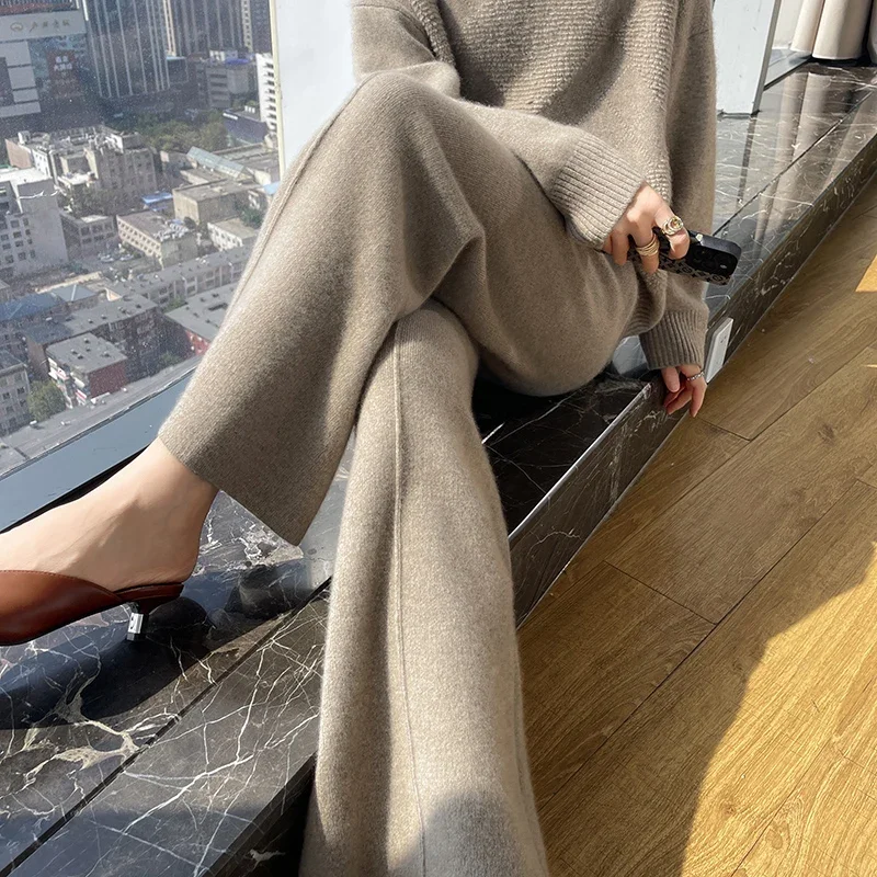 New 100% Cashmere Knitted Women\'s Wide Leg Pants Loose and Comfortable Autumn and Winter Women\'s Long Cashmere Wide Leg Pants