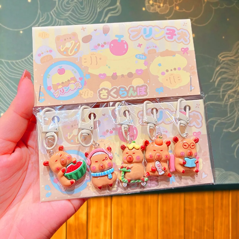 سلسلة مفاتيح كرتونية كابيبارا ، حلقة مفاتيح على شكل حيوانات لطيفة ، إكسسوارات تزيين حقائب ظهر إبداعية ، هدية ذاتية الصنع ، Kapibala ، 5 في كل مجموعة