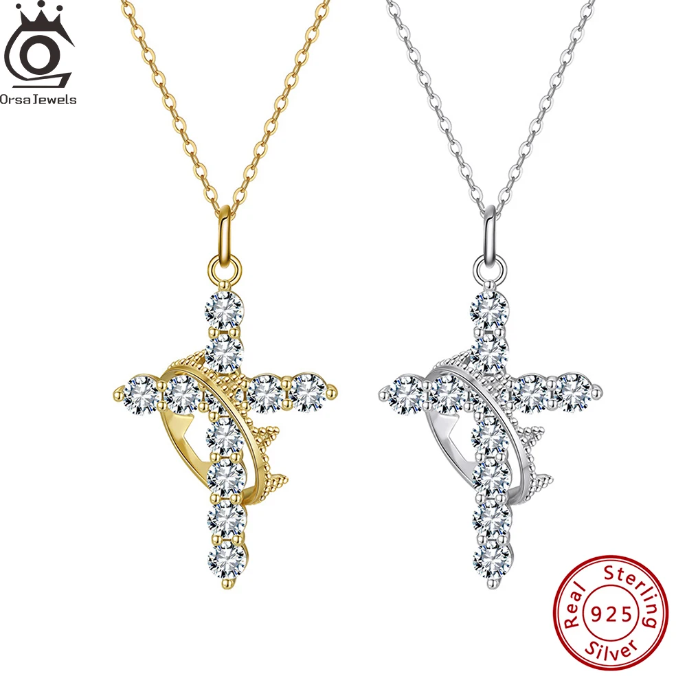 ORSA JEWELS Exquisite Cross Shaped Pendant Necklace 925 Silver Inlaid Cubic Zirconia Cross Choker Chain Party Statement SAPN52