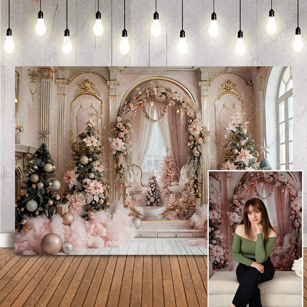 Christmas Living Room Backdrop for Photography Classic Texture Background for Children's Kids Portrait Photo Studio Pine Tree