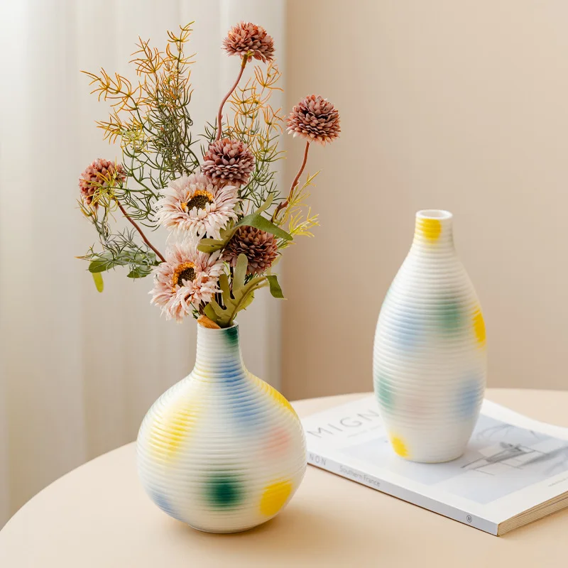 Modern Abstract Ceramic Vase Hand Painted Artistic Home Decor Ribbed Texture Colorful Spot Porcelain Pot for Living Room Table