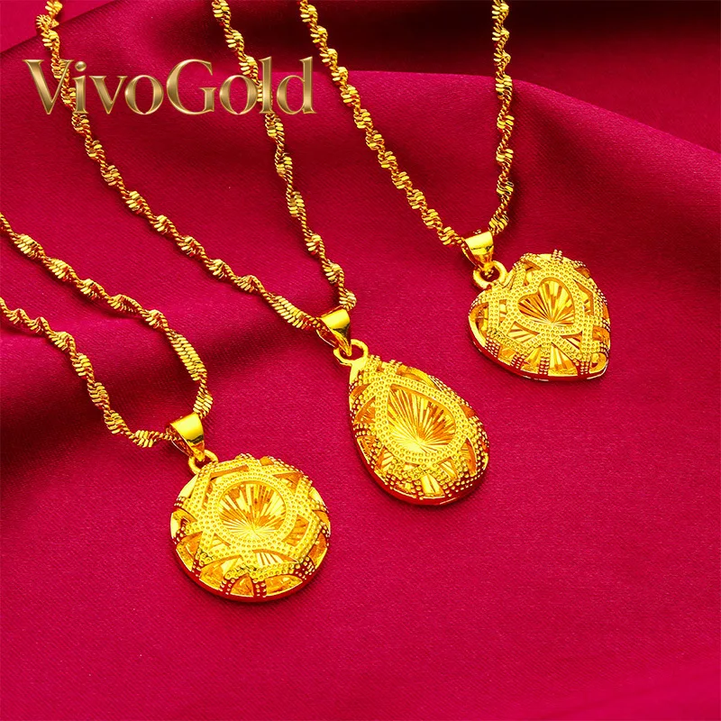 

VivoGold 24K Gold Heart-Shaped Ripple Necklace AU999 Pure Gold 3D heart with undulating patterns, sparkling chain, vibrant for d
