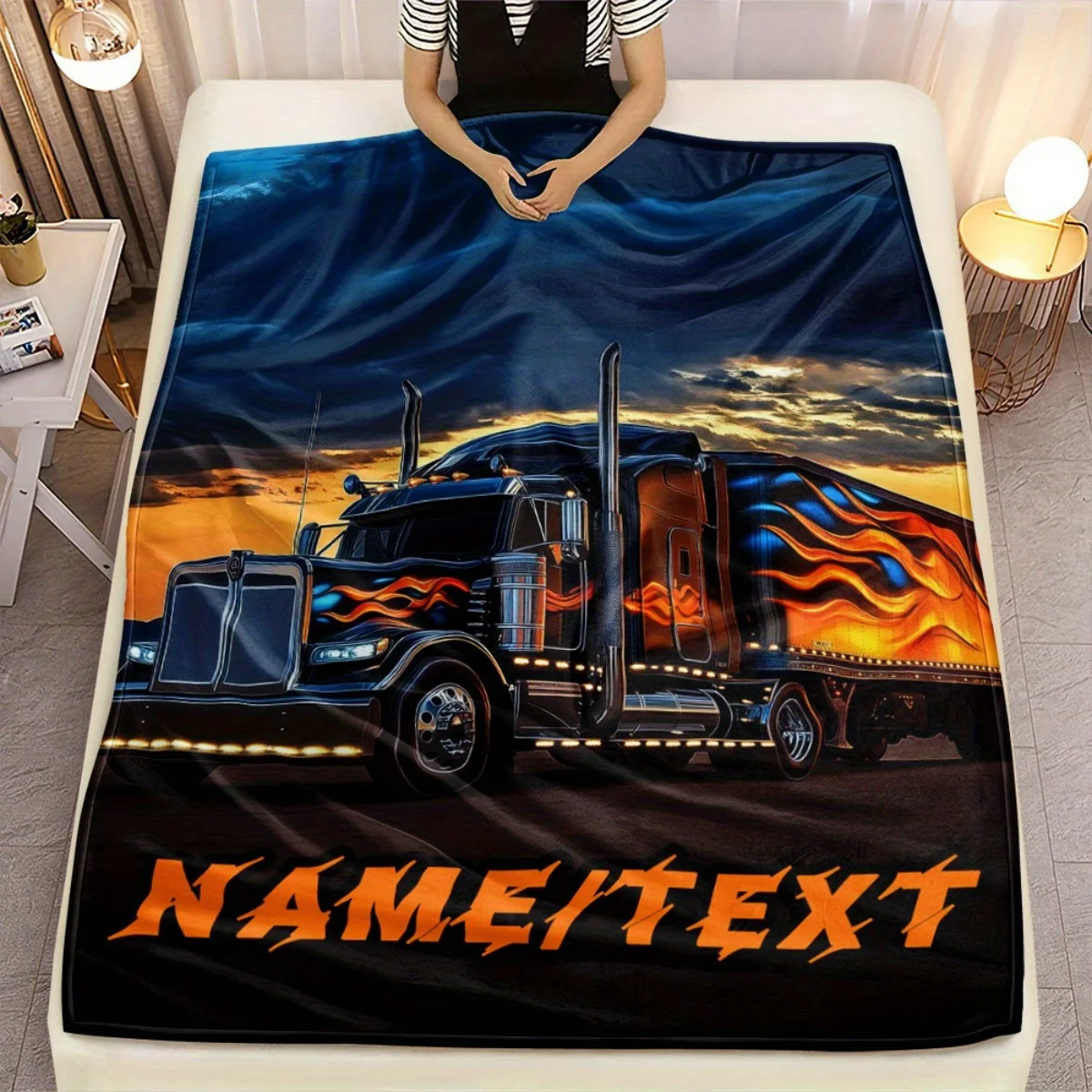 Personalized Semi Truck Blanket Name Flame Art Soft Fleece Throw Trucker Gift Home Decor Road Theme