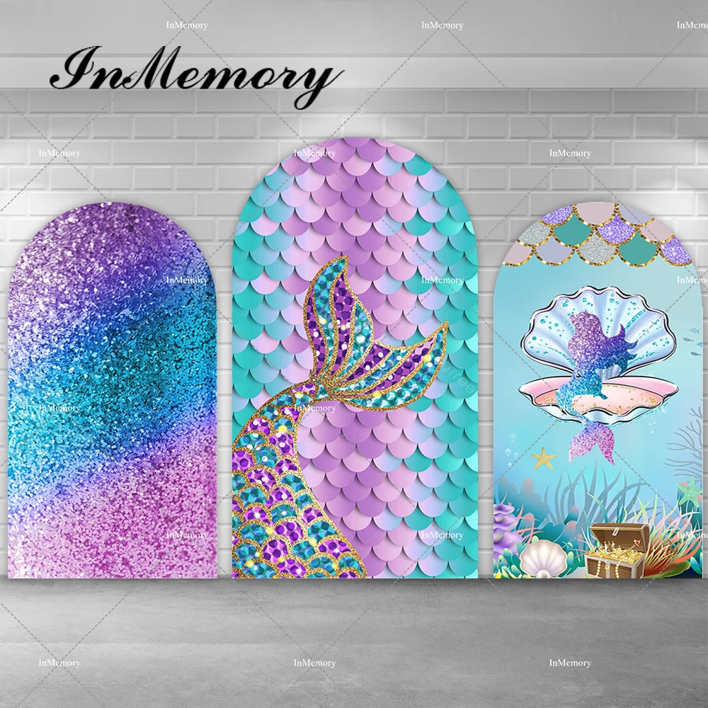 Fish Scale Mussel Girls Little Mermaid Birthday Party Arch Backdrop Cover Purple Turquoise Under The Sea Chiara Wall Backgrounds