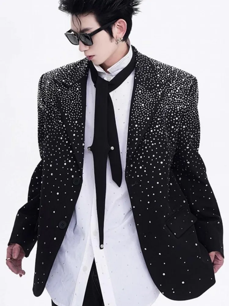 Fashion Mens Shiny Diamonds Studded Party Jacket Loose Fit Single Breasted Stage Show Casual Blazer Suit Coat Autumn New Outwear