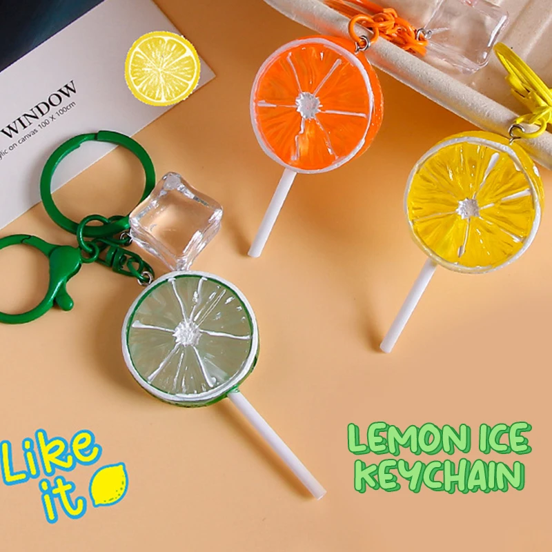 Cute Simulation Lemon Lollipop Ice Cubes Keychain Pendant Simple Key Ring Creative Backpack Decoration Accessories Gifts