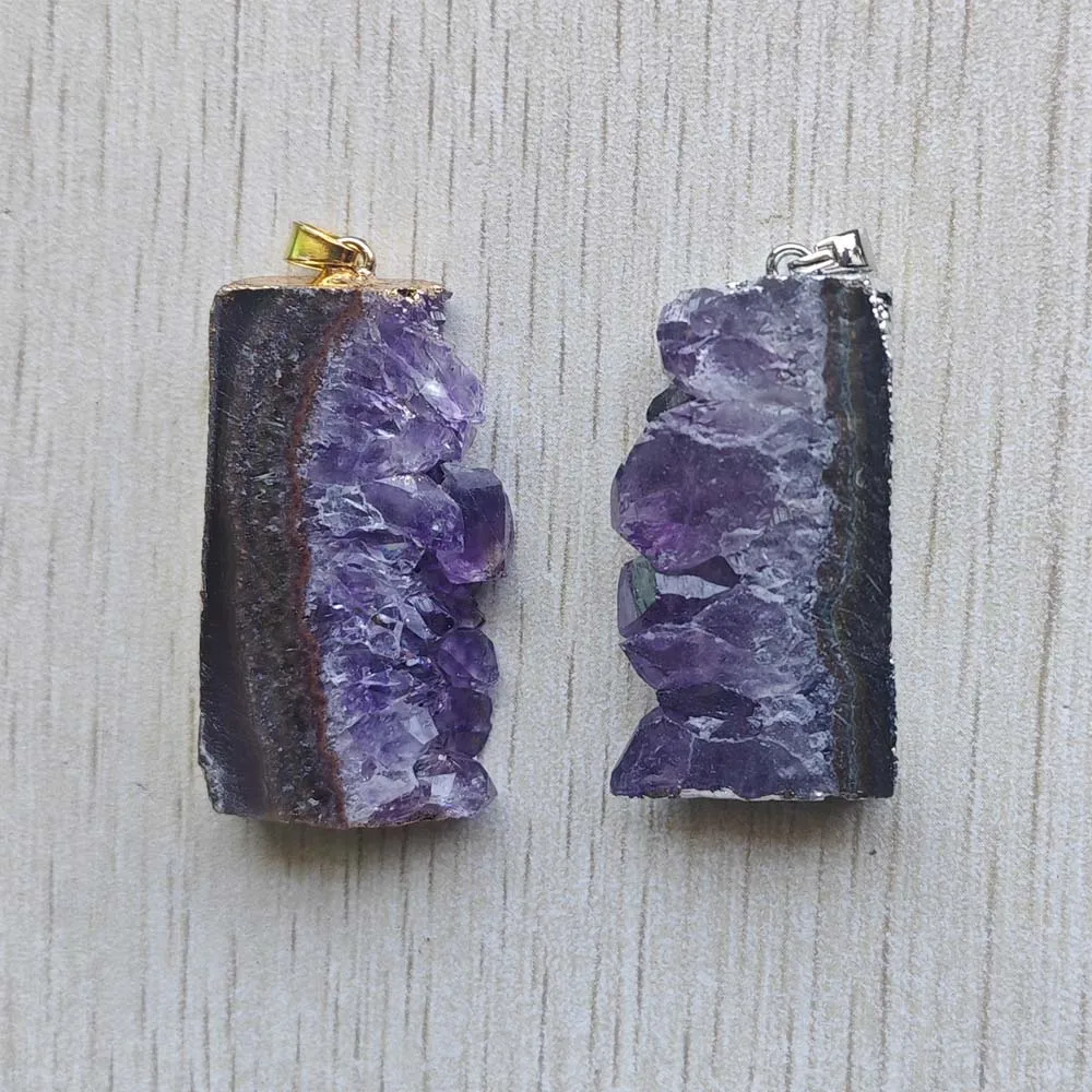 Beautiful Natural amethyst stone Slice Druzys Energy Healing  irregular Rectangle pendants for jewelry making Wholesale 6pcs/lot
