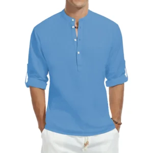 Loose men's cotton shirts, high collar, monochrome shirts, long -sleeved shirts, thin and elegant, casual and elegant tops-en 6 Main Sales Men's Sleeve Shirt - №1