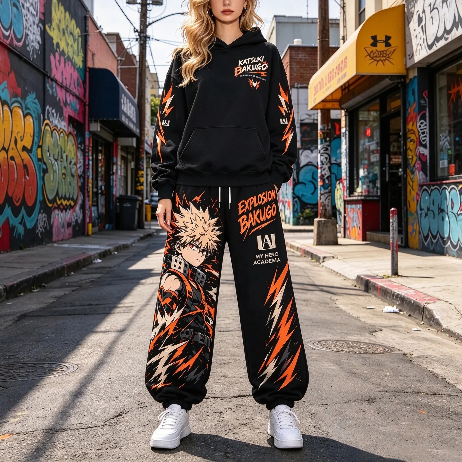 Trendy Unisex Hoodie Anime Print Tracksuit Bakugo Katsuki Fleece Matching Set Ideal For Night Out And Casual Street Style Looks