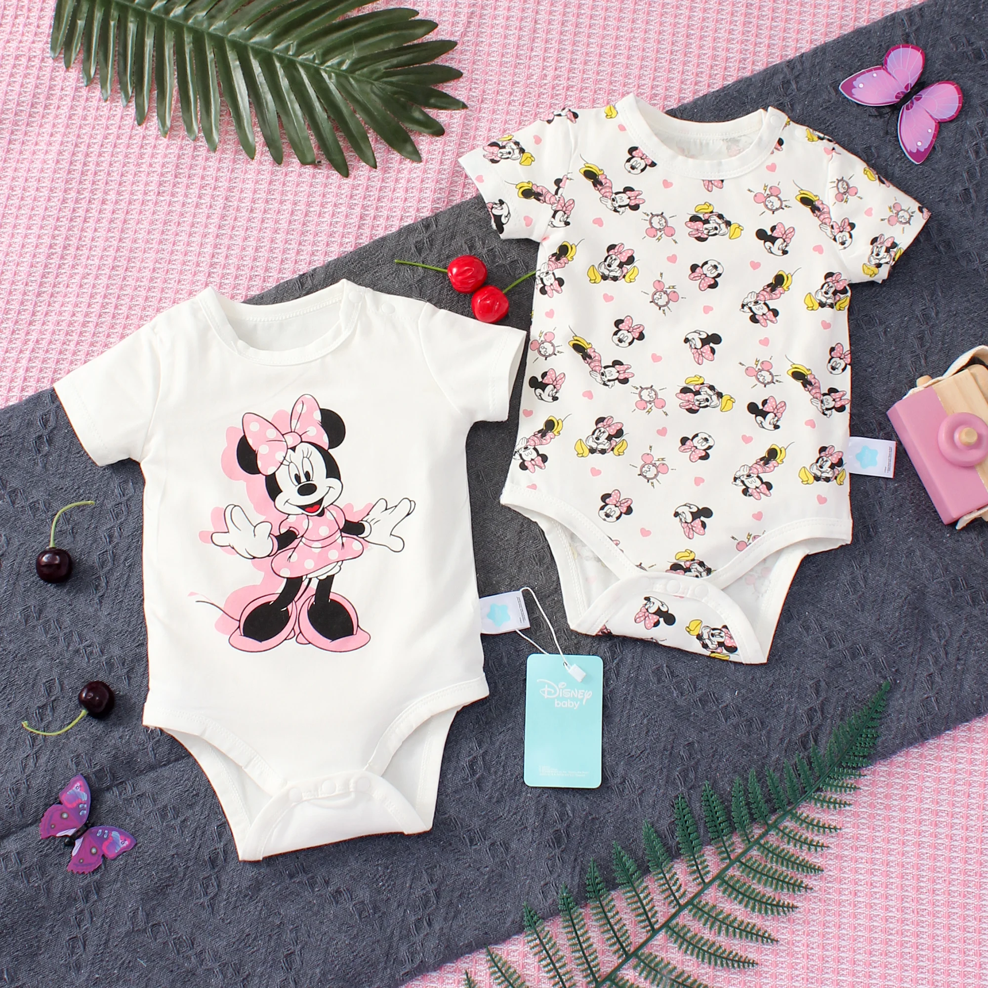 2PCS Summer Disney Girls Baby Minnie Pattern Soft Durable and Breathable Cotton Short Sleeve One Piece Pajamas Cute Kids' Wear