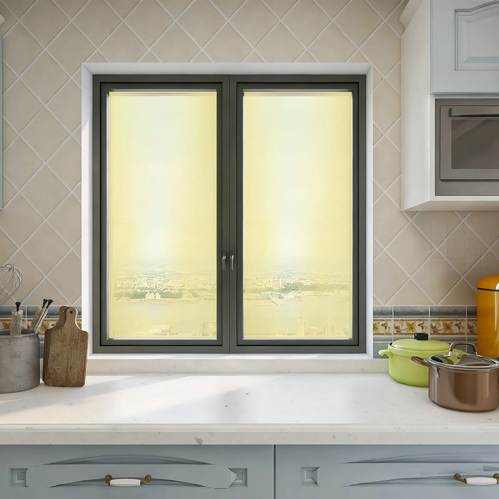 1 Roll Window Privacy Film Heat Insulation Decorative Glass Sticker Uv Protector Self Adhesive Two Way Tint Yellow 78.74x15.75 view 3