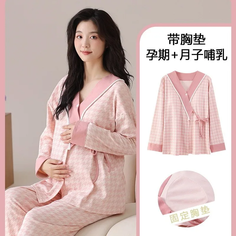 

Plus Size Spring Postpartum Maternity Pajamas with Chest Pad Kimono Breastfeeding Home Wear Lightweight Nursing Gowns Loungewear
