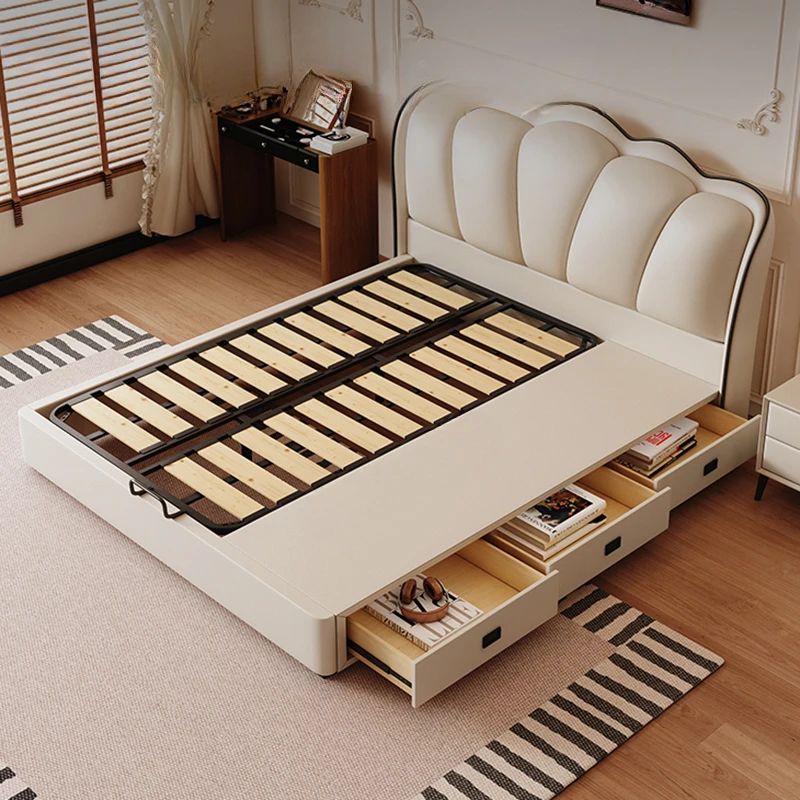 سرير مزدوج من الجلد الفرنسي، حديث وبسيط، بثلاثة أدراج، سرير للكبار، تخزين ناعم لحفلات الزفاف، أثاث غرفة نوم Cama De Casal #4