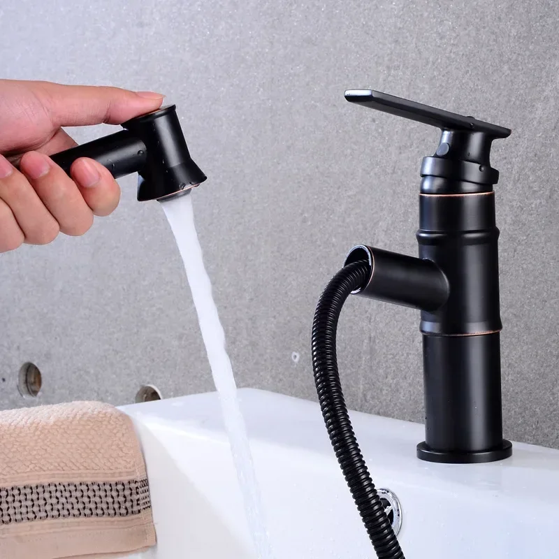 

DurableHousehold Pull-out Cold And Hot Water Faucet In The Bathroom Black All Copper Washbasin Basin Washbasin Telescopic Faucet
