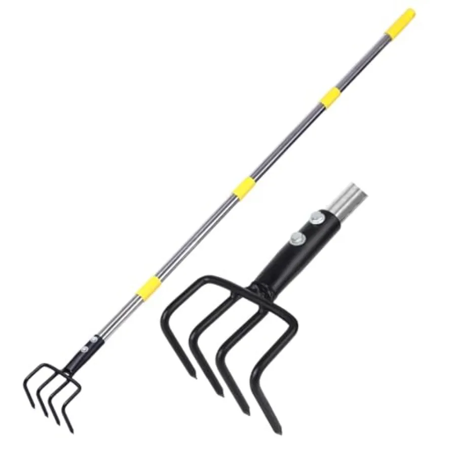 Garden Hand Tiller Cultivator, 4-Tine Adjustable Long Handle, Heavy Duty Weeding Tool for Raised Beds, Rust-Resistant Soil Loos