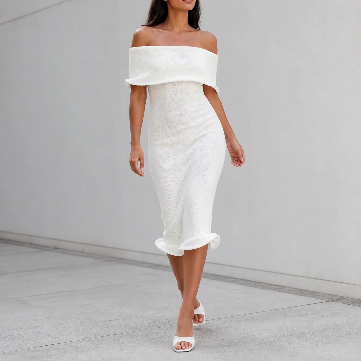 Elegant Women's Off Shoulder Long Sleeve High Waist Solid White Ribbed Maxi Pullover Dress for Summer Party Midi Flared Hem