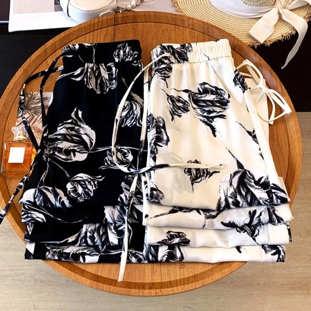 

Fashion Flower Straight Pants Women Loose Drawstring Wide Leg Pants Thin Chinese Style High Waist Pants Girls Lady