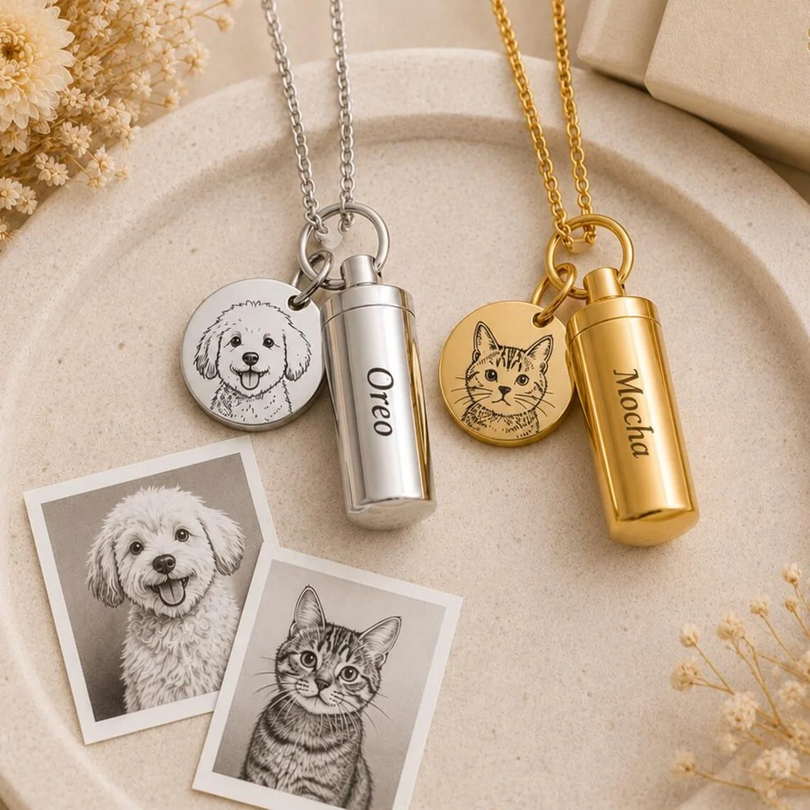 Personalized Pet Memorial Necklace Custom Photo Ashes Urn Jewelry Engraved Portrait Keepsake Pet Cat Dog Charm