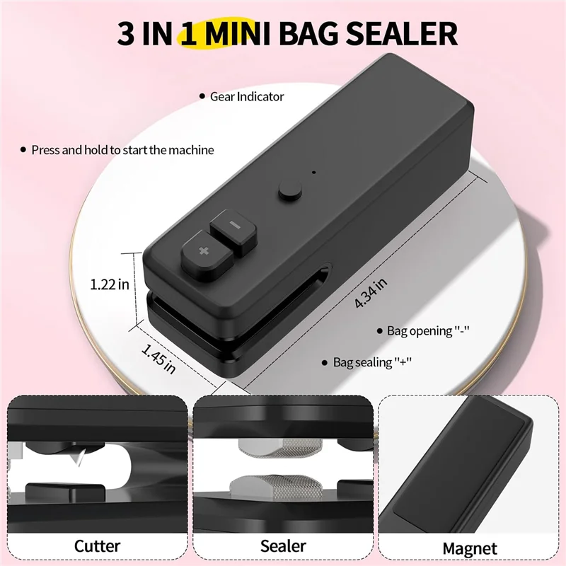 Bag Sealer , 3 In 1 Mini Bag Sealer Heat Seal With Cutter &Magnet,Rechargeable Mini Chip Bag Vacuum Sealer Machine Black Durable