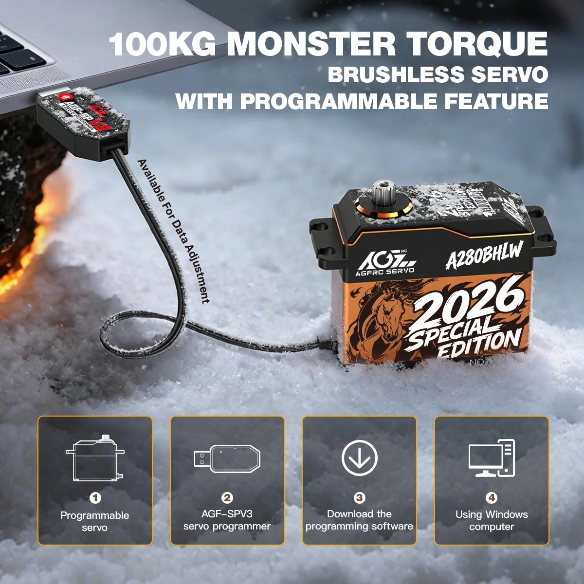 AGFRC A280BHLW 2026 100KG Super Torque 0.110Sec Reinforced Steel Gear Waterproof 1/5 Scale Giant Servo For 1/5 Desert