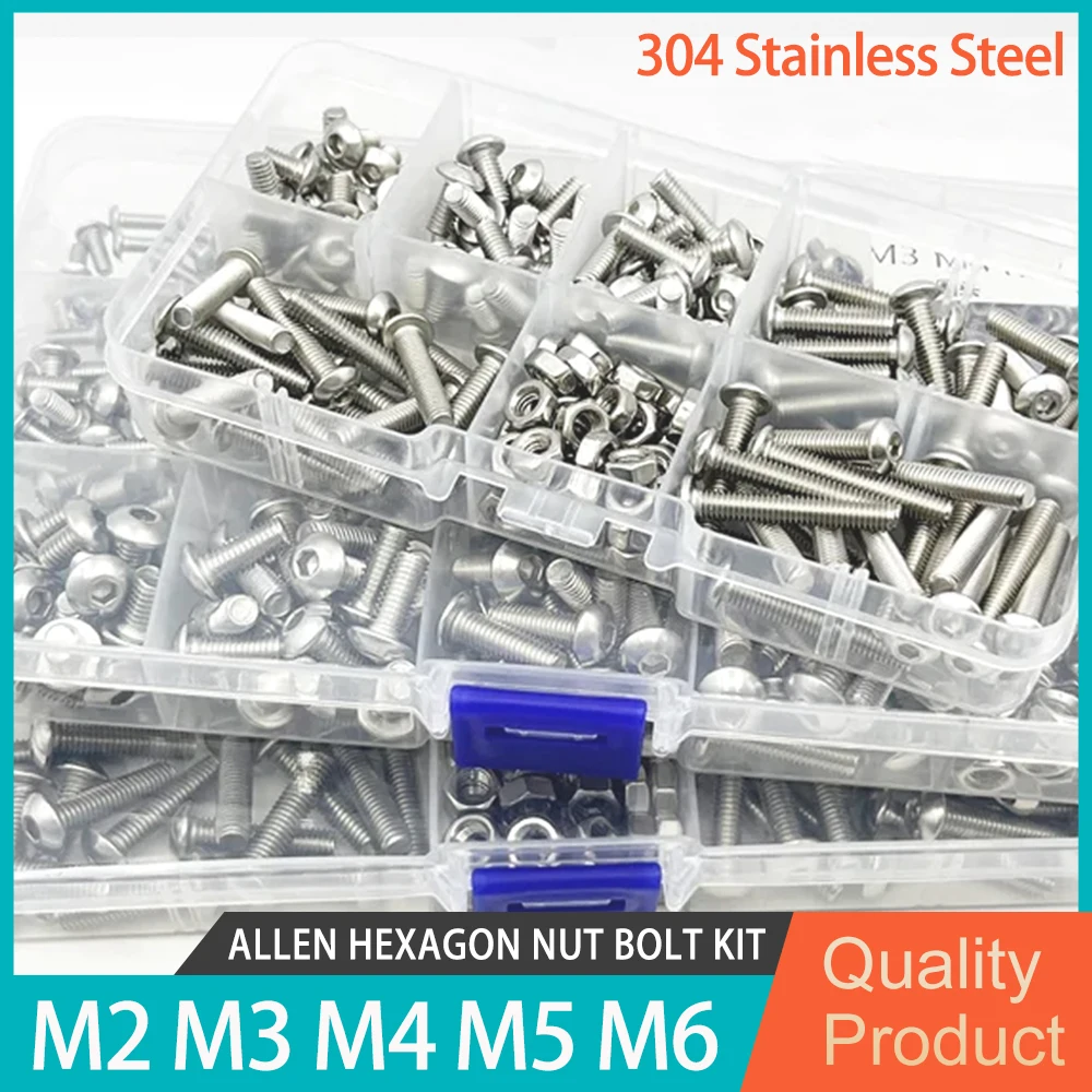 Allen Screw Nut Bolt Kit M2 M3 M4 M5 M6 304 Stainless Steel Bolts Nuts Set Hexagon Button Round Head Machine Screws Nuts Kit