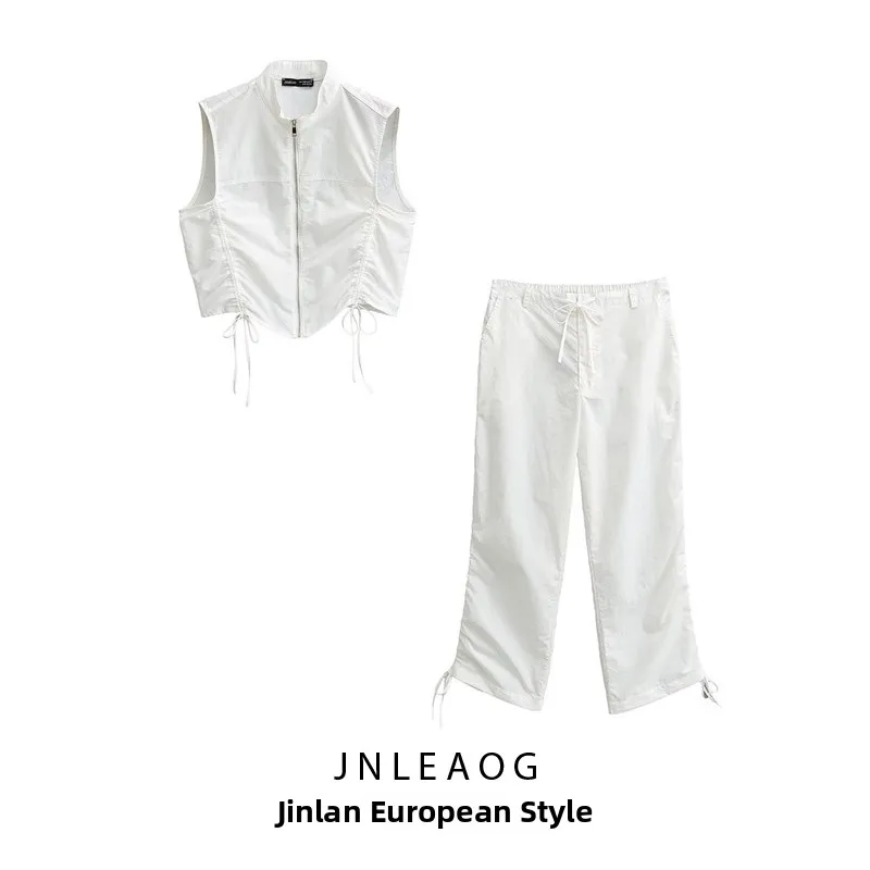 JNLEAOG Spring New Women's Faion Pleated Decoration Vest Pants Polyester Fiber Svel Zipper Closure Regular Length