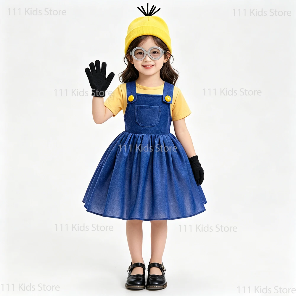 Short Sleeve T-shirt+Suspender Dress 2Pcs Summer Sets for Children Yellow Cartoon Character Cosplay Costume Girls Birthday Gifts