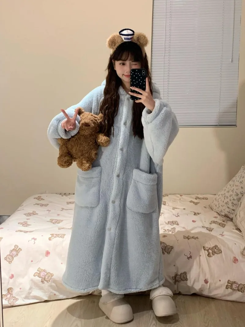 رداء جيب للنساء ملابس نوم فستان نوم شتوي ملابس ليلية بيجامة من الصوف الدافئ قطعة واحدة ثوب نوم بقلنسوة ملابس منزلية للنوم