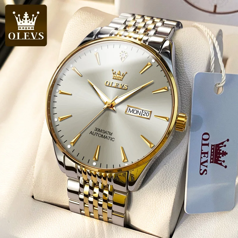 OLEVS Automatic Watch for Men Golden Luxury Waterproof Luminous Calendar Stainless Steel Elegant Watch Reloj hombres