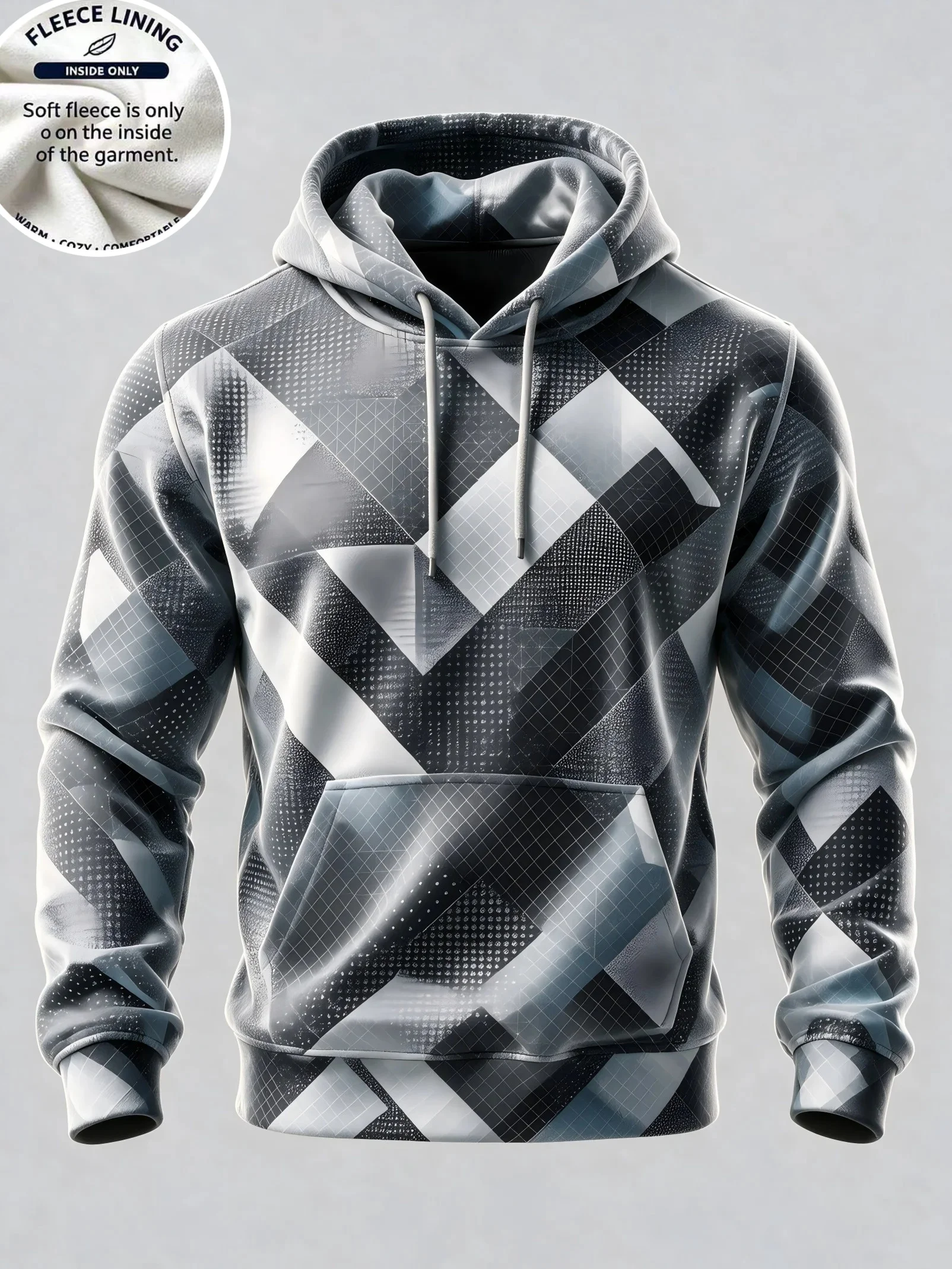 3D Print Fleece Hoodie Gray White Geometric Diamond Splicing Pullover Long Sleeve Kangaroo Pocket Casual Sweatshirt
