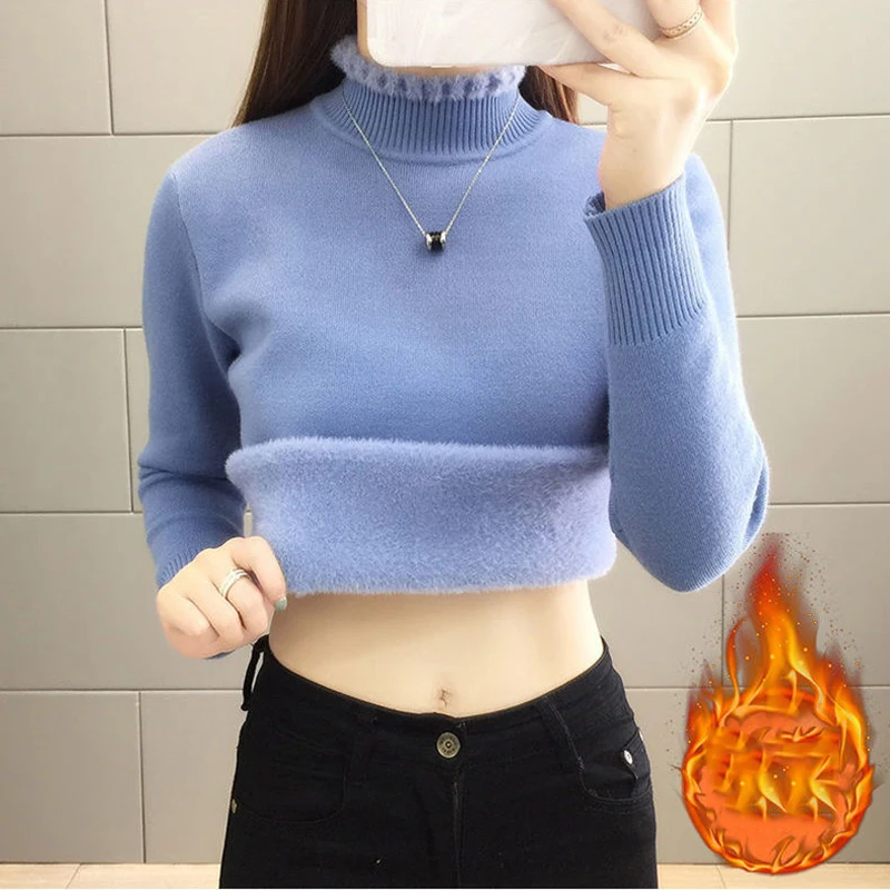 Korean Ruffles Half-Turtlenck Slim Thicken Knitted Pullovers Winter Plus Velvet Sweatercasual Fleece Lined Warm Knitwear Top